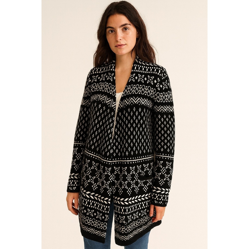 Talbots Cardigan Sweater Size XS Nordic Fair Isle Cotton Blend‎ Open Front Black